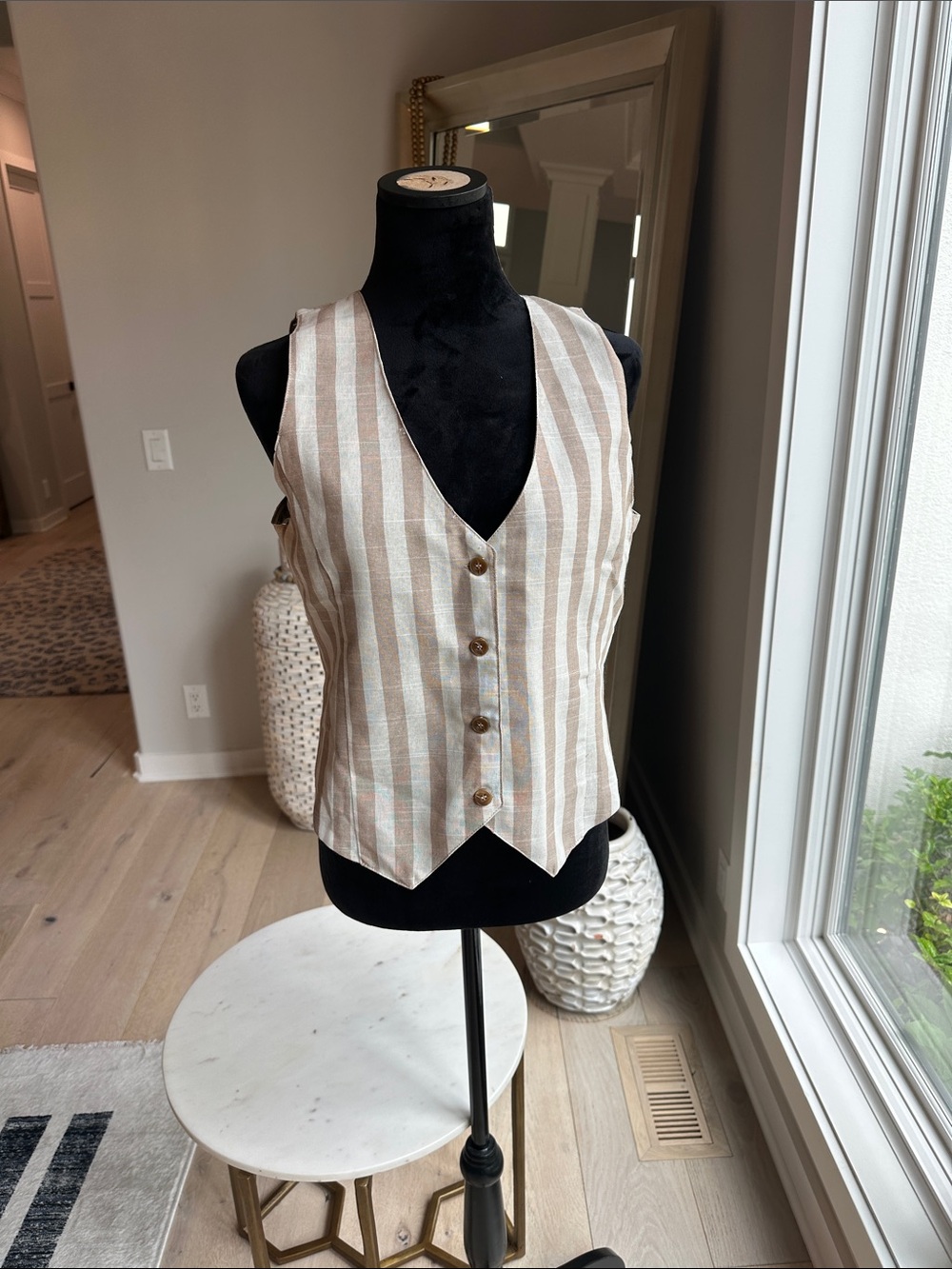 HYFVE Tan & Cream Linen Stripe Button Vest